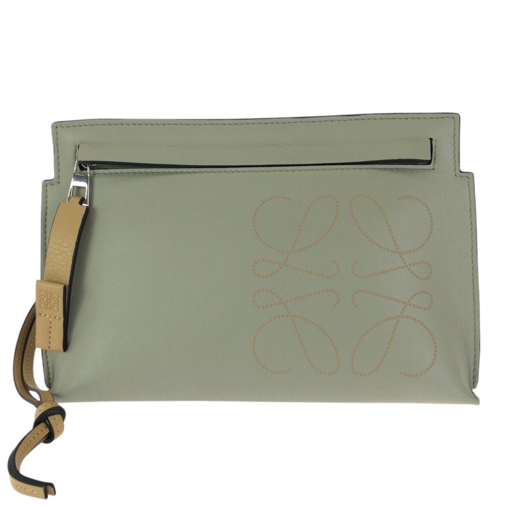 LOEWE Anagram Mini T Pouch, Green/Beige, Silver Hardware, Leather, 522120, Cl...